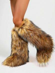 Women's Winter Furry Snow Boots For Women Fuzzy Fluffy Round Toe Suede Booties Flat Heel Slip On Outdoor Indoor Shoes EdgyElongate Fashion Warm Fluffy Christmas Shoes - 棕色長款 - 查看 4