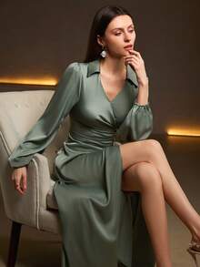 Ladies New Elegant Lantern Long Sleeve Pleated Waist Satin Dress - Green - View 3