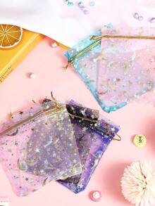 20/50/100pcs Mixed Color Moon & Star Pattern Drawstring Organza Bags - Jewelry Gift Bags, Favor Bags, Candy Bags, Suitable For Wedding, Party, Valentine's Day, Mother's Day - Reusable, Mesh Cosmetic Organza Gift Bags - Multipurpose Party Supplies - Multicolor - View 6