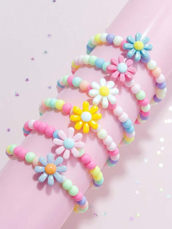 6pcs/Set Girls Colorful Flower Beaded Bracelets, Charm Jewelry Bracelet Set, Random Color, Suitable For Girls Birthday Party Gift