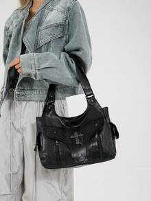 Duża torba na ramię, czarna torebka z ekoskóry, styl amerykański punk gotycki, modna, minimalistyczna designerska torba typu tote