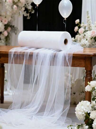1pc, 50m (164ft) Large Size Exquisite Luxury White Wedding Arch Decoration Tulle - Made Of Polyester Fabric, More Durable. This Versatile Transparent Polyester Fabric Is Perfect For Various Ceremony Backdrops And Celebration Decorations, Including Table Runners, Chair Back Decorations, Clothing/Hair Accessories, Stair Railings, Ceiling Decorations, Gift Wrapping, Valentine's Day, Wedding Decorations