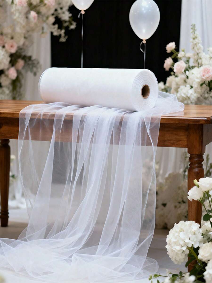 1件 50米 (164英尺) 大尺寸精緻奢華白色婚禮拱門裝飾薄紗，聚酯纖維布料製，更耐用，多功能透明聚酯纖維布，適用於各種儀式背景與慶典裝飾，包括桌旗、椅背裝飾、衣飾/髮飾、樓梯扶手、天花板裝飾、禮物包裝、情人節、婚禮裝飾