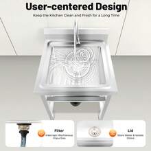 Freestanding Stainless Steel Sink With Adjustable Height, Large Capacity, 4.33" Drain, 360° Rotatable Faucet, Ideal For Kitchen, Laundry, And Commercial Use - Silver - View 2