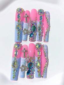 10pcs Y2K Cute Extra Long Coffin Shape Pink Luxury French Handmade Press On Nails, With 3D Relief Pattern, Pink Bow, High-Quality Diamond Decoration; Nail Supplies, Acrylic Nails, Homemade Nails, DIY, Nail Art, Acrylic False Nails; Suitable For Vacation, Birthday, Parties, Daily Wear; Includes 1pc Jelly Glue & 1pc Mini File - Multicolor - View 1