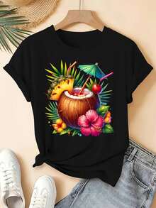Camiseta gráfica de tamaños grandes para mujer - Diseño vibrante de piña, coco y flores, cuello redondo casual, manga corta para primavera/verano/otoño, estilo retro, varios colores disponibles, ropa de vacaciones | Camiseta con estampado vibrante | Ajuste cómodo, camisas hawaianas - Negro - Ver 2