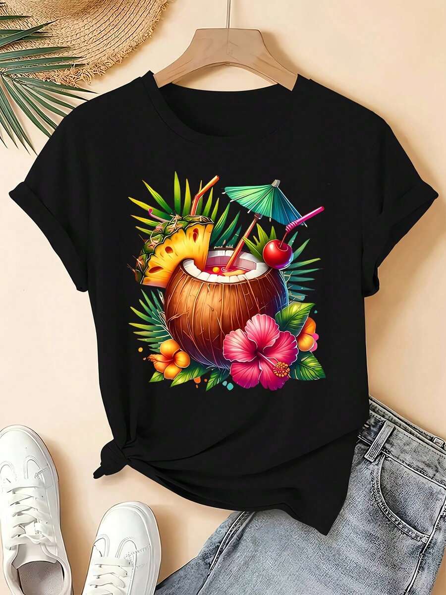 Camiseta gráfica de tamaños grandes para mujer - Diseño vibrante de piña, coco y flores, cuello redondo casual, manga corta para primavera/verano/otoño, estilo retro, varios colores disponibles, ropa de vacaciones | Camiseta con estampado vibrante | Ajuste cómodo, camisas hawaianas