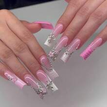 Long Coffin Press On Nails Pink French False Nails With Rhinestone Fake Nails Full Diamond Design Press Ons Gift For Women 24pcs{Inchcolor_nameinch:Inchfrenchfulldiamondinch} - Frenchfulldiamond - View 2