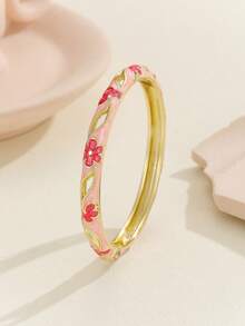 1 chiếc vòng tay mạ vàng họa tiết hoa thời trang phong cách mới bằng men rỗng Cloisonne dành cho bé gái và phụ nữ - Hồng - Xem 5