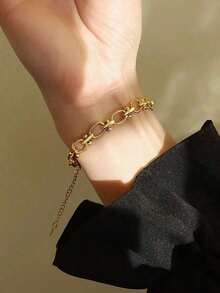 1pc Stainless Steel Unique Geometric Chain Design Punk Bracelet For Women, Suitable For Holidays And Gift Giving - 黃金 - 查看 4