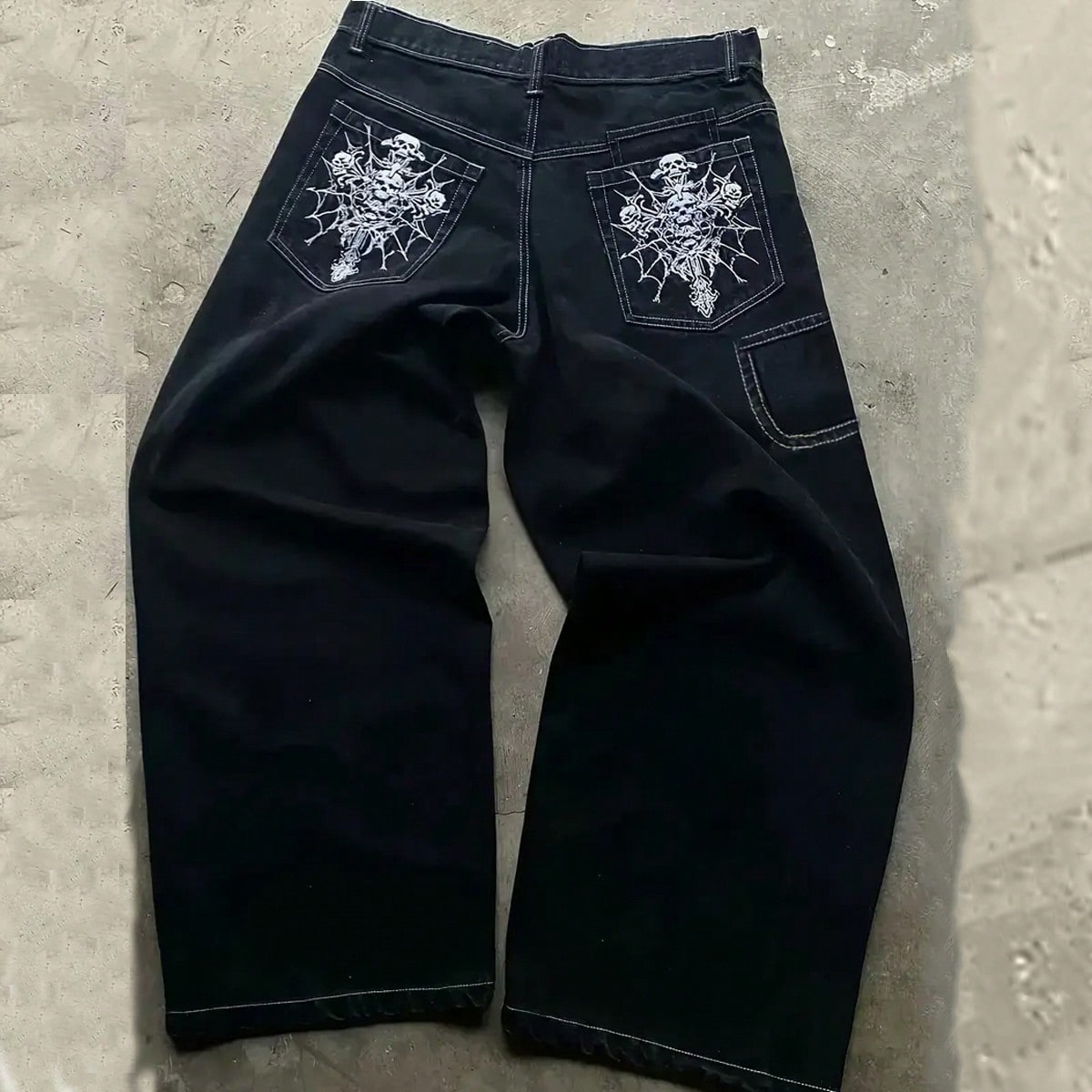 Jeans negros holgados con bordado de calavera, estilo casual Y2K, estilo callejero, grunge