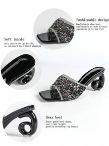 Women's High Heels. Square Toe, Fully Rhinestoned Uppers, Asymmetric Heel, Comfortable. Luxurious, Sparkling Rhinestones, Suitable For Parties, Gatherings, Balls, Shopping, Various Occasions And Festivals, Rhinestone Embellished Solid Color Beach Sandals,Spring Summer Outfits - Black - View 9