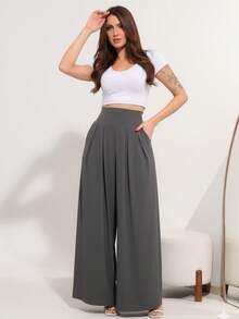 Wide-Leg, Loose-Fitting Palazzo Pants In Viscose/Lycra Knit Fabric With A Wide Waistband And High Waist And Pleats. - Dark Grey - View 10