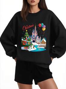Disney Oversized Sweatshirt Black Mickey Mouse Christmas Castle Balloons And Snow Scene Holiday Party Wear - màu đen - Xem 1