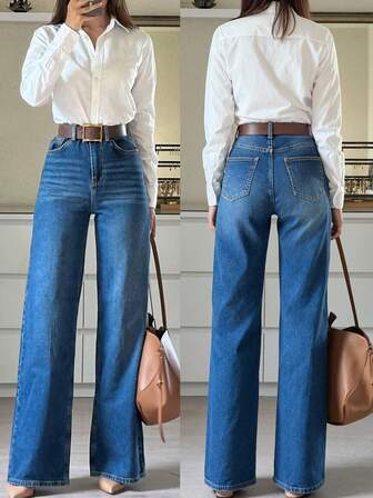 女式宽松弹力水洗蓝色阔腿牛仔裤，通勤和日常穿着皆宜，四季皆宜