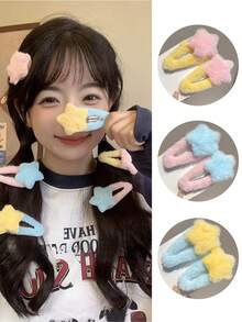 4pcs Women's Autumn/Winter Plush Star Bow Barrettes, Cute & Elegant Side Bangs Decor Hair Clips, Korean Style Versatile Hair Accessories Suitable For Daily Wear, Accessories Y2k, Claw Clips, Hair Claws, Hair Slide, Fall Fashion, Bows - Multicolor - View 18