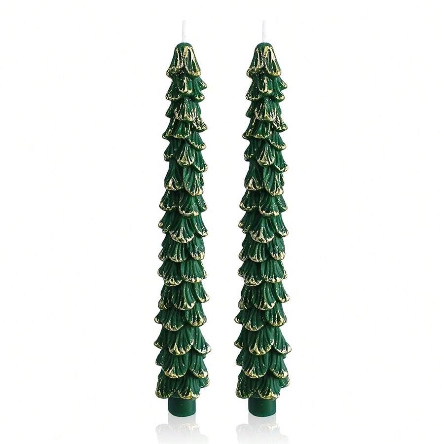Christmas Tree Candle Gold Candlesticks - 10inches Unscented Tree Shaped Green Taper Candles Decorative Tapered Candles For Holiday Christmas Party Dinner Table, 2pcs{Inchcolor_nameinch:Inch2PCTREE-GOLDinch,Inchsize_nameinch:Inch10INCHinch} - 2PCTREE-GOLD - 查看 1