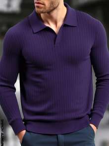 Polo para hombre de manga larga, ideal para otoño e invierno. Con diseño acanalado de líneas verticales, tejido suave y cómodo, cuello clásico y ajuste moderno. Perfecto para combinar con jeans y pantalones casuales, ofrece un estilo elegante y versátil para reuniones, trabajo o salidas cotidianas, brindando sofisticación y confort en todo momento. - Morado - Ver 3