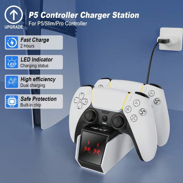 Dock de Carregamento Dual Controller P5, Visor LED Inteligente + Carregamento Multidevice + Tecnologia de Carregamento Rápido, Carregamento Essencial de Mesa para Gamers