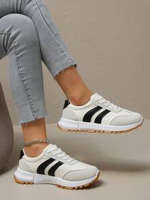 1 Pair Women's Flat Lace-Up Color Block Patchwork PU Leather & Mesh Splice Casual Sneakers, Outdoor All Season, Standard Size, Flat Gump Shoes