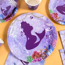 1 Set Mermaid Silhouette Disposable Plates, Napkins And Cups, Serves 10 Guests, Suitable For Birthday, Wedding, Party, Family Picnic - Multicolor - View 5