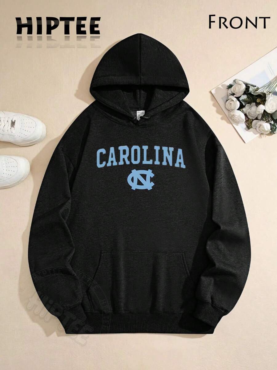 [Cotton Blend Hoodie] Vintage North Carolina Hooded Sweatshirt, Cozy Fall & Winter Style Long Sleeve Top, Retro Sportwear, Casual Logo Shirt-Unisex Women & Men's Daily Wear - 黑色 - 查看 1
