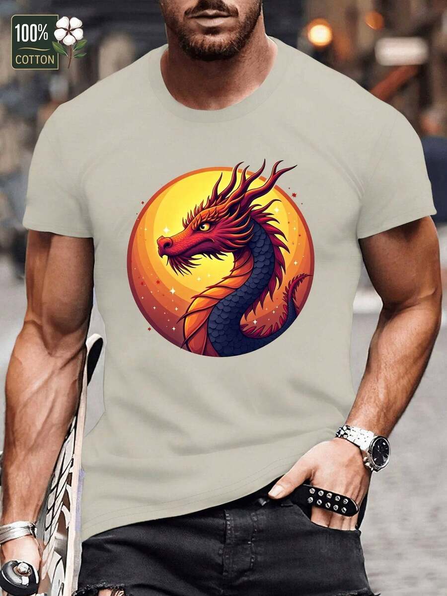 Camiseta de Manga Corta para Hombre GILDAN - Estampado Vibrante de Cabeza de Dragón, 100% Algodón, Ajuste Regular, Casual para Verano, Lavable a Máquina, Camiseta de Dragon, Atuendo de Fin de Semana, Costura de Calidad, Top Impreso, Para Amantes del Estilo Urbano