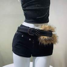 1pc PU Leather Rivet Fleece-Lined Perforated Belt: Punk Street Style Y2K Aesthetic Cool Women's Waist Strap - Pairs With Dresses, Casual Pants & Jeans - A款紅色 - 查看 3