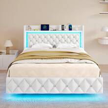 Floating Queen Bed Frame With LED Light, Upholstered Platform Queen Bed With Charging Station & Wingback, Diamond Tufted Storage Headboard & Footboard, PU Leather, No Box Spring Needed - Xem 8