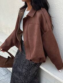山茶花女士休闲百搭仿麂皮飞行员夹克，春秋季 - 咖啡棕 - 查看 10