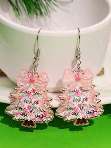 1 Pair Cute, Elegant, Minimalist, Pink Floral Christmas Tree Earrings, Suitable For Holiday Parties, Christmas Earrings For Jewelry Women, Elegant & Fashion Fairy  Accessories, Christmas Decoration - 多色1 - 查看 3