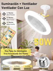 Ventilador de Techo con Control Remoto de Luces 3 Colores,3 Velocidades,Con Función de Temporizador,Techo Cerrado de 50W,para Cocina/Baño/Dormitorio - Blanco - Ver 2