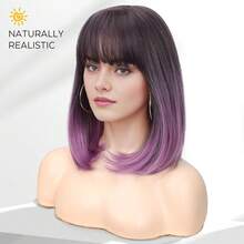 Lady Miranda Purple Bob Wig With Bangs Short Straight Ombre Wig Middle Part With Bangs Bob Hair Wigs Synthetic Grey To Purple Wigs For Women Daily Party Wig For Women{Inchcolor_nameinch:Inch1-GreyOmbrePurpleinch} - 1-灰紫色 - 查看 9
