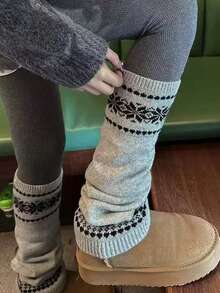 1 Pair Multicolor Korean Style Fair Isle Knit Leg Warmers For Women, Thick Knit Snowflake Design, Slimming & Warm, Grey, Cozy - Multicolor - View 4