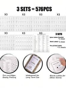 192/576pcs Kitchen Food Label Set Glass Jar Label Spice Bottle Classification Sticker White Label Sticker(192pcs=1set, 576pcs=3sets )