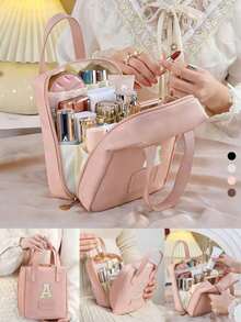 1pc Waterproof Makeup Bag, Large Capacity Cosmetic Bag, Makeup Organizer, Bathroom Makeup Bag, Portable Travel Makeup Pouch, Toiletry Bag For Lipstick, Makeup, Eyeshadow Palette, Skincare, Makeup Brushes,Gifts For Women,Christmas Gifts,Gift Ideas For Women - Pink - View 4