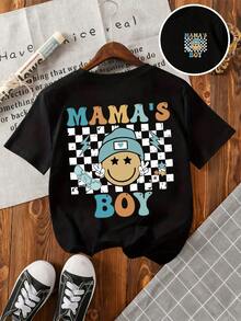 Young Boy Letter & Cartoon Face Print Round Neck Short Sleeve Casual T-Shirt - Black - View 3