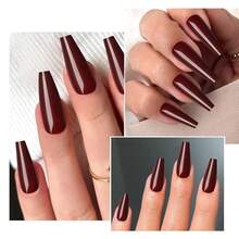 100pc Colored Coffin Press On Nails Long Ballerina False Fake Nail Tips Full Cover Manicure Design Acrylic Nails For Women Teen FFgirls (Red){Inchcolor_nameinch:InchRedinch} - 紅色 - 查看 8