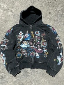 Jesus Printed Hoodie For Men Y2k Zipper Hoodie Harajuku Thin Kawaii Retro Streetwear - 黑色 - 查看 1