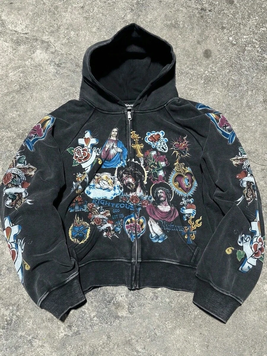 Jesus Printed Hoodie For Men Y2k Zipper Hoodie Harajuku Thin Kawaii Retro Streetwear - 黑色 - 查看 1