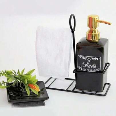 Kit Lavabo Banheiro Porcelana Com Suporte E Toalha Preto