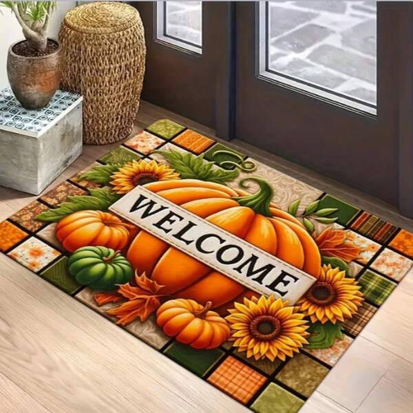 Welcome Mat - Non-Slip, Machine Washable Plush Polyester Doormat - Autumn Harvest Pumpkin And Sunflower Design, Suitable For Entryway, Kitchen, Living Room, Thanksgiving, Graduation Decor - Rectangular Indoor Floor Mat