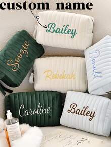 Personalized Embroidered Velvet Makeup Bag, Letter Embroidered Travel Toiletries Bag, Bridesmaid Gift, Ladies Embroidered Velvet Storage Bag - Multicolor - View 1