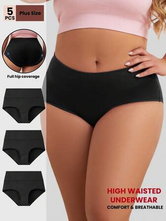 3pcs/Pack Plus Size Women's Solid Color High Waist Tummy Control Briefs, Soft & Comfortable Basic Full Coverage Panties