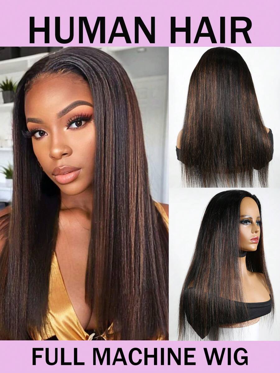 高光半假发，直发，真人发，翻转抽绳假发，女士款，150%密度，#1B/30色号。另附5顶丝绸睡帽供您选择（3顶黑色睡帽+2顶粉色睡帽）。