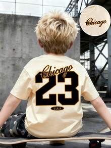 Áo thun cổ tròn tay ngắn in chữ cho bé trai, đa năng, thoải mái - Màu be - Xem 1