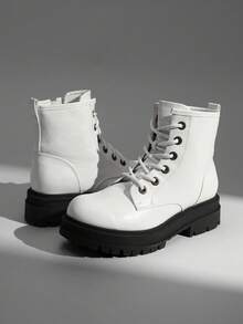 Women's Classic Combat Ankle Boots - 2 Platform, 5 Shaft, Non-Slip Rubber TPR Sole, Side Zipper & Lace-Up, All-Season Outdoor Hiking Booties For Walking, Camping & Rugged Terrain - 白色 - 查看 5