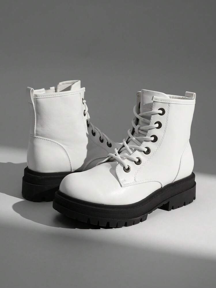 Women's Classic Combat Ankle Boots - 2 Platform, 5 Shaft, Non-Slip Rubber TPR Sole, Side Zipper & Lace-Up, All-Season Outdoor Hiking Booties For Walking, Camping & Rugged Terrain - 白色 - 查看 5