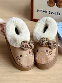 SANRIO KT Cat联名款 - 3D蝴蝶结豹纹软绒踝靴，奢华优雅女士户外雪地靴，保暖女士室内拖鞋，成人女士拖鞋，女士冬季家居鞋 - 深咖 - 查看 6