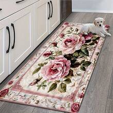 Alfombra de baño con patrón floral rosa retro - Felpudo rectangular de material sintético, absorbente y antideslizante, adecuado para dormitorios, baños, inodoros, entradas de cocina y otras decoraciones del hogar, para todo el año - Blanco - Ver 15
